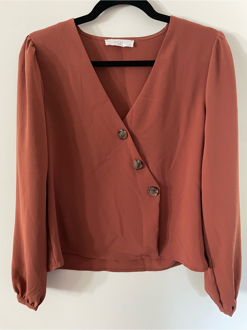 Elodie bell sleeve V Neck Top Blouse Sz Med copper brown asymmetric buttons